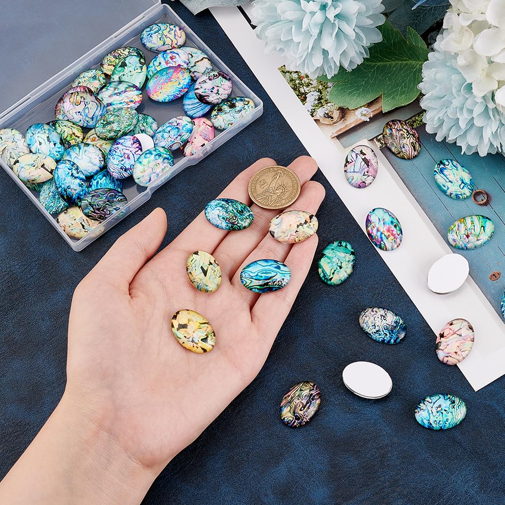 50 Cabochons En Verre Coquillage Ovale - 25x18 Mm - Texture Réaliste Bleu Océan - Pour Fabrication De Bijoux DIY