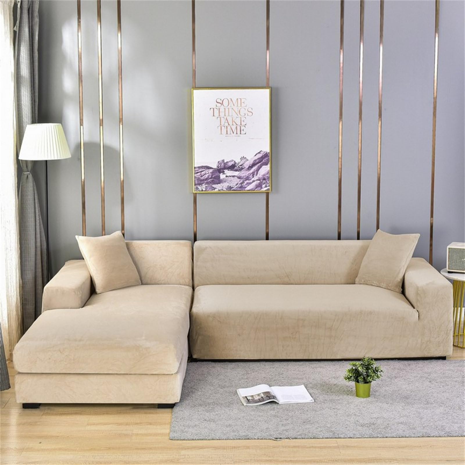 Odot Sofa Cover,Stretch Silver Fox Velvet Sofa Cover 1 2 3 4 Seater,Breathable Soft Sofa Slipcovers,for Corner Sofa Cover L Shape,Couch Cover Non Slip Furniture Protector Cover (Khaki,4 Seater)