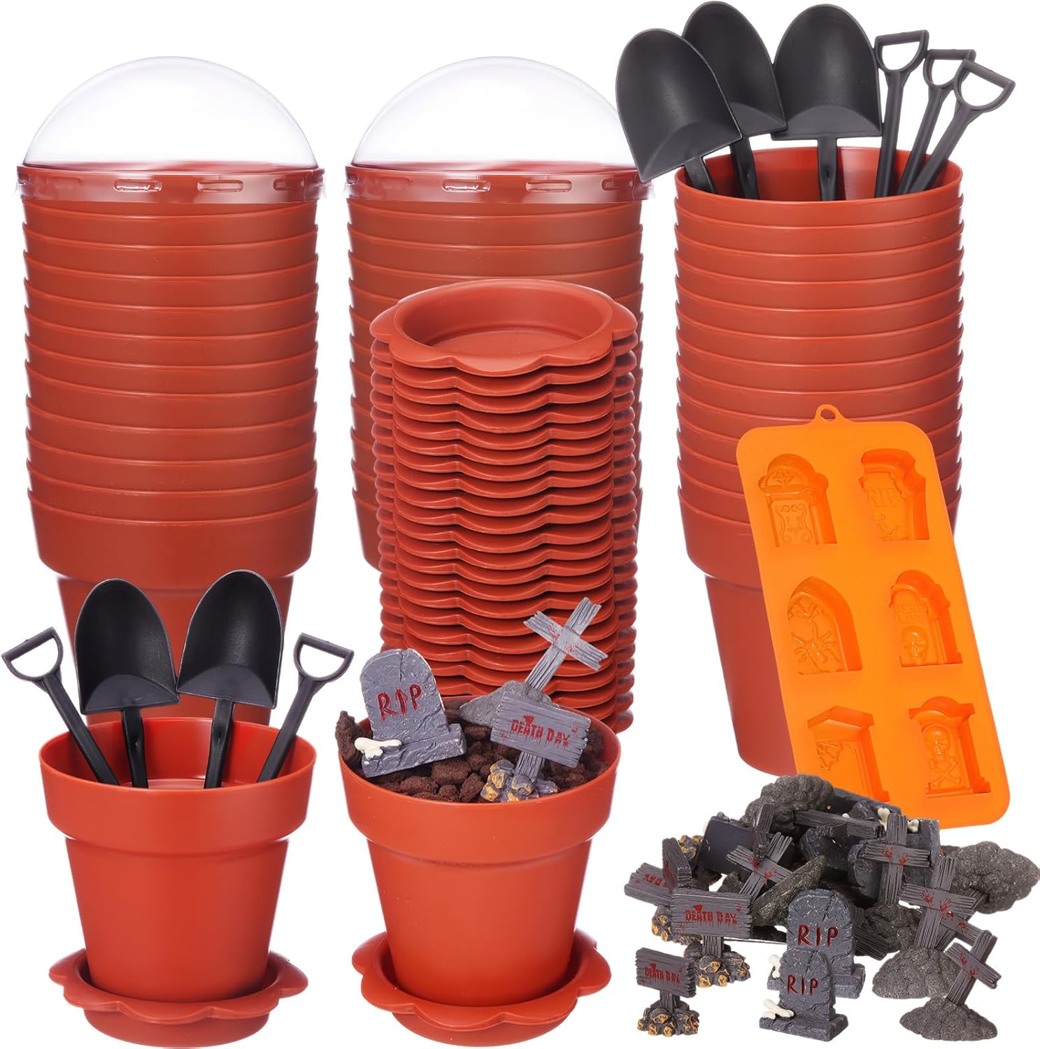 Maxdot 24 Pack Halloween Flowerpot Dessert Cup with Lids and Shovel Spoon Bottom Tray Halloween Cake Decoration Mold Small Flowerpot Cups Dessert Ice Cream Holder for Party DIY Supplies(Tombstone)