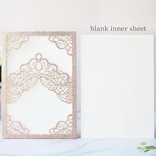 Miniatura 2 de Hosmsua 50 tarjetas de invitación a quinceañera en oro rosa con purpurina, de 5.1 x 7.3 pulgadas, con kit de tarjetas en blanco, con corte láser,