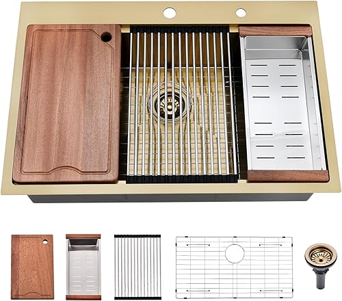 Miniatura 29 de Estación de trabajo de fregadero de barra empotrable dorado de 15 x 15 pulgadas - Calibre 16 acero inoxidable tazón individual, fregadero de cocina