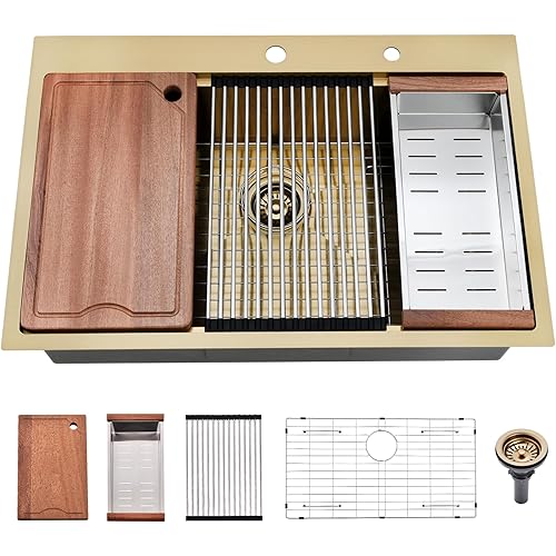 33x22 Drop In Kitchen Sink Gold - 16 Gauge Gold Stainless Steel Kitchen Sink 33x22 Drop In, 10 Inch Deep Topmount Single Bowl Workstation Sinks with Accessories