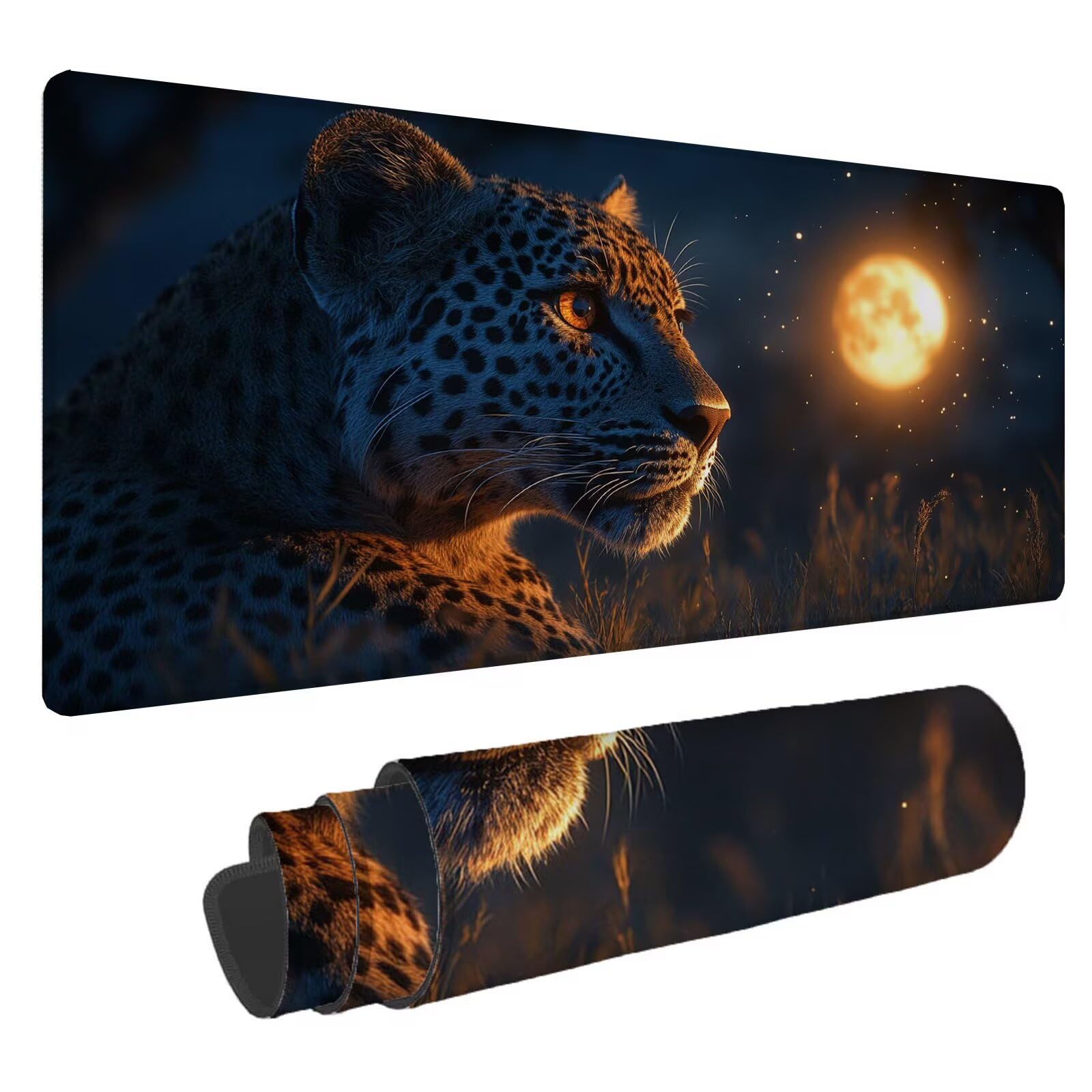 Leopard Podkładka pod mysz XXL Księżyc 1600 x 800 x 4 mm Podkładka pod mysz do gier, duża wodoodporna antypoślizgowa podkładka na biurko, podkładka pod mysz szyte krawędzie dla graczy, komputer,