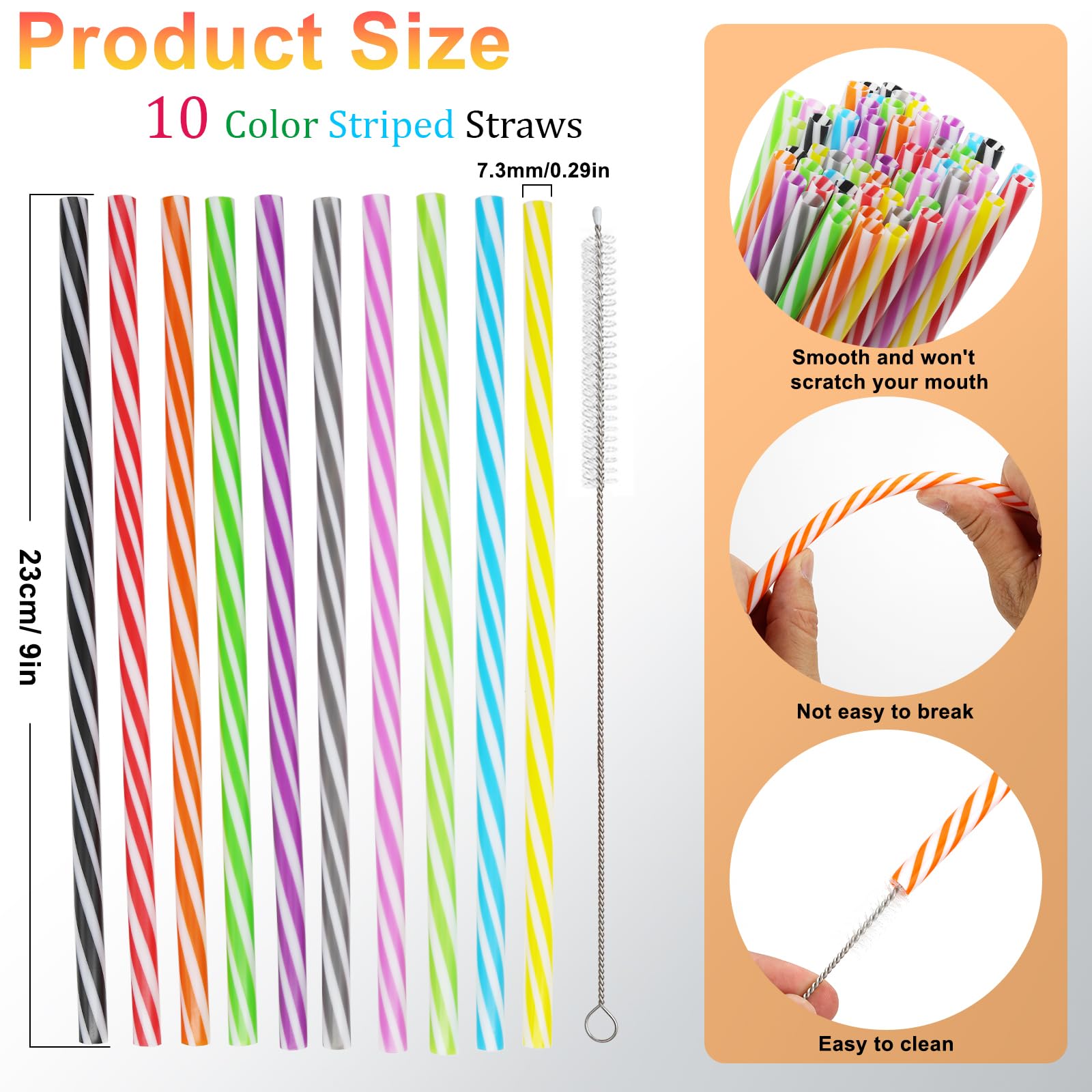 100 plastikowych słomek, 23 cm, plastikowe słomki do picia ze szczotką słomkową, słomki wielokrotnego użytku, plastikowe słomki do smoothie, soku, koktajli, gorących napojów