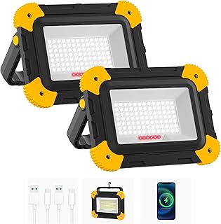 2 Stück Baustrahler Akku, 5 Modi LED Akku Strahler Magnetisch mit USB Kabel, Tragbar Wiederaufladbar Campinglampe, Baustellenlampe für Baustelle Garage Werkstatt Camping Notfall