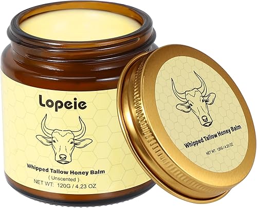 Lopeie Beef Tallow for Skin - Organic Grass Fed Whipped Moisturizer with Honey Balm, Natural Hydrating Cream for Face & Body, Relief for Dry & Sensitive Skin (4.23oz, Unscented)
