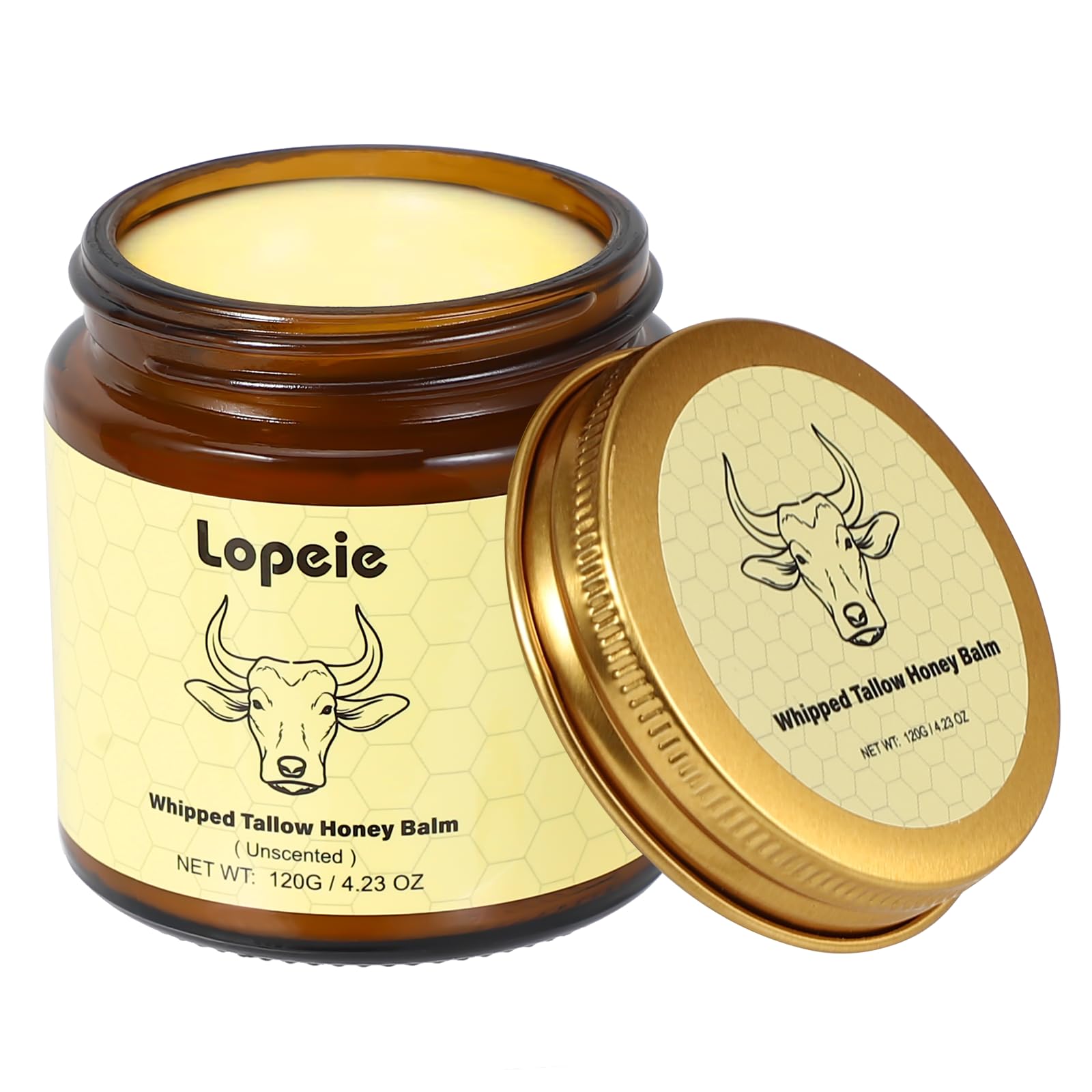 Lopeie Beef Tallow for Skin - Organic Grass Fed Whipped Moisturizer with Honey Balm, Natural Hydrating Cream for Face & Body, Relief for Dry & Sensitive Skin (4.23oz, Unscented)