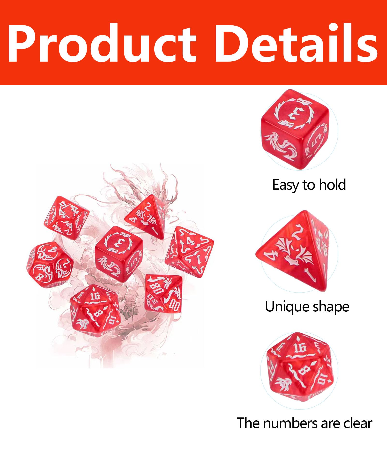 7PCS Dice Set, Tabletop Gaming Sessions, Travel Gaming Accessories, Polyhedral Dice, Good Material, It can be Given as a Gift to Others(Red) 1