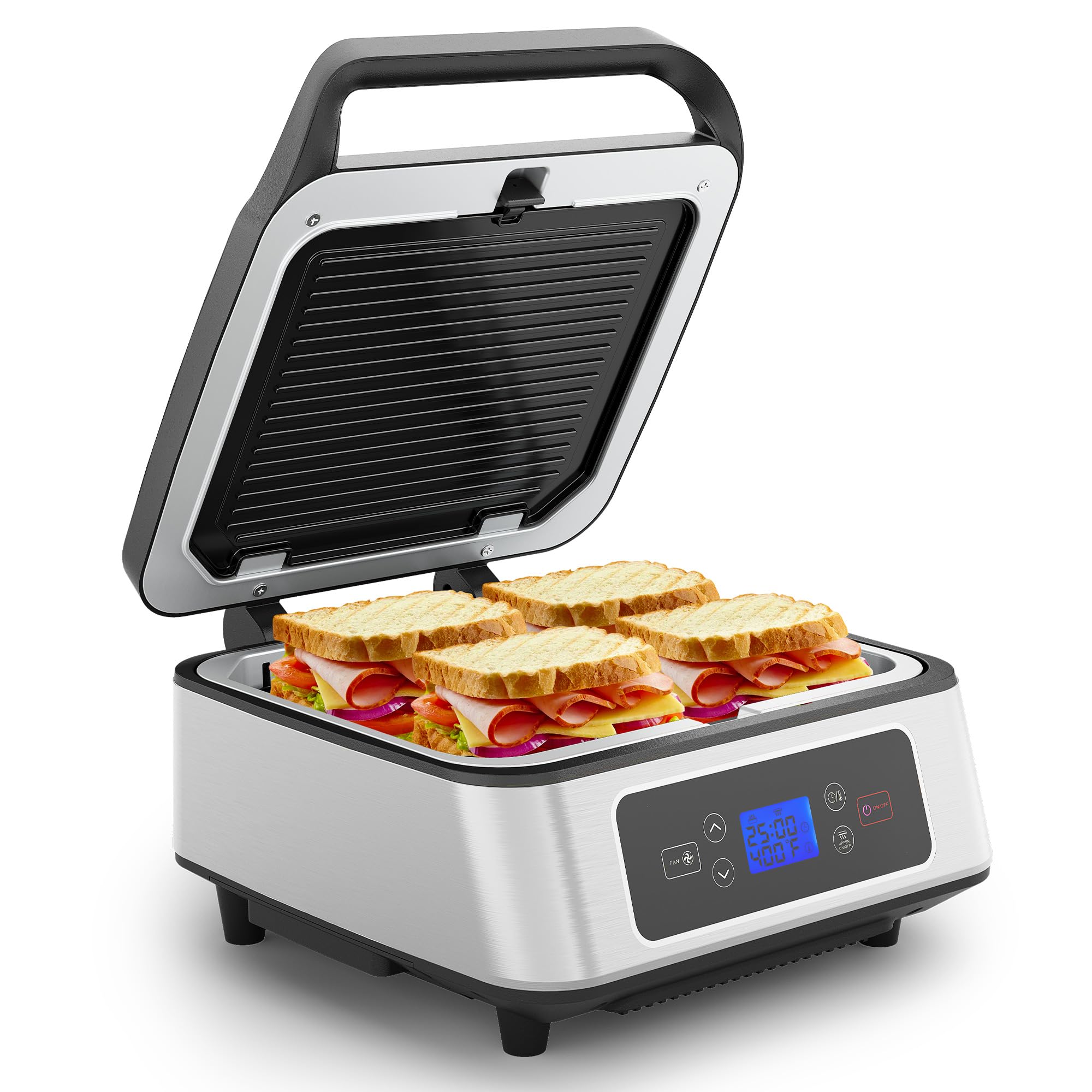 1300W Smokeless Indoor Grill, Electric Panini Press Sandwich Maker with Auto-Lift, Fan, Independent Upper Heating, Smart Time & Temperature Control, Removable Non-Stick Plates