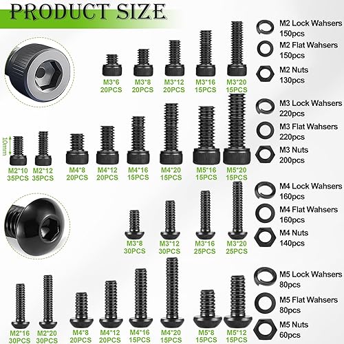 Miniatura 32 de mxuteuk Juego de tornillos M3 de 620 piezas, tornillos M3 adecuados para impresoras 3D, acero de aleación de grado 12.9 de 6/8/10/12/16/0.787 in