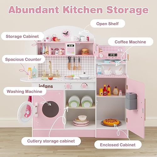 Miniatura 8 de INFANS Juego de cocina para niños, juego de cocina de madera para niños pequeños, juego de juguetes de cocina con cafetera, máquina de hielo,