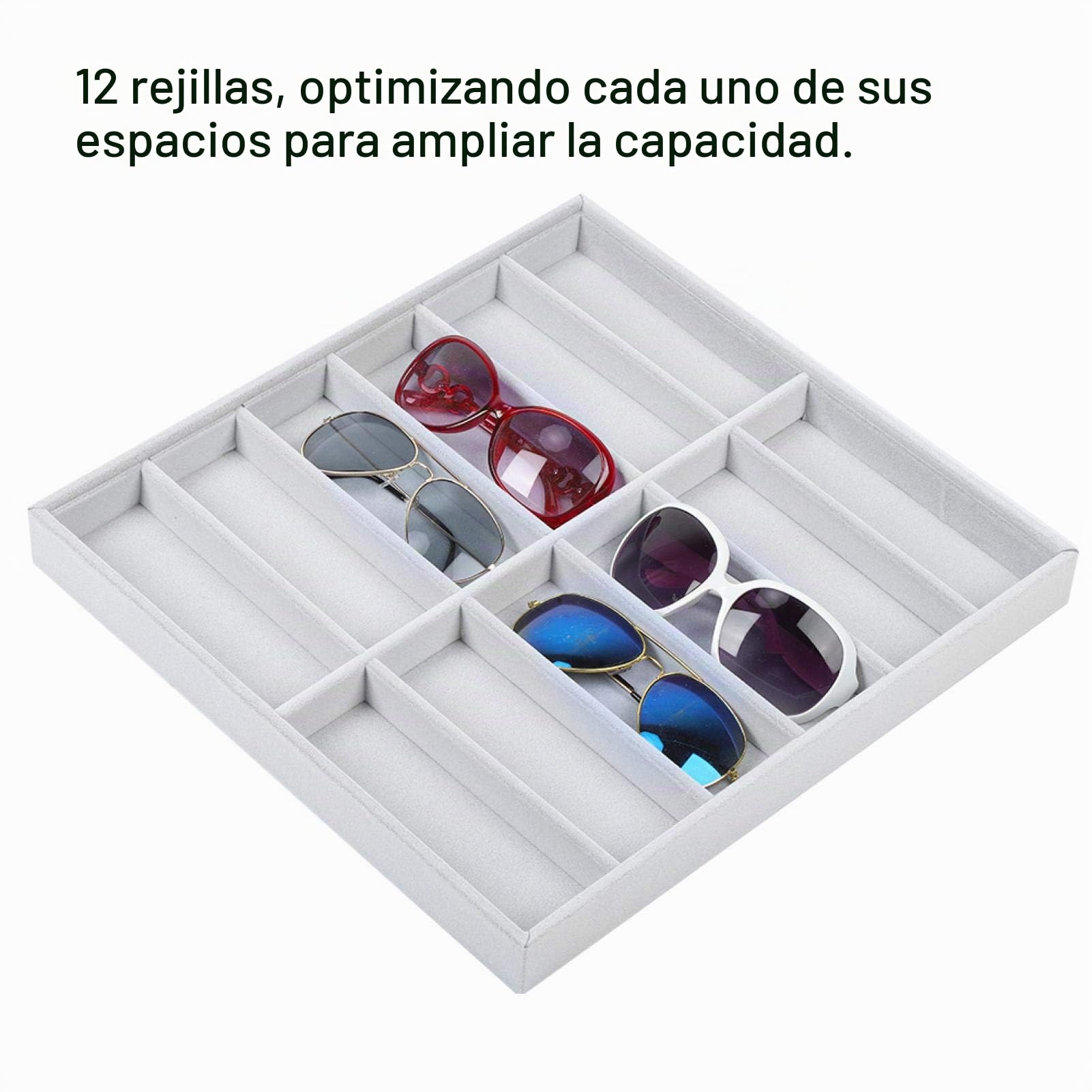 Tiiyee Organizador de Gafas, Organizador Gafas Caja 12Rejillas para Gafas Sol Bandeja Exhibición Terciopelo Las Lentes Clasificación Sol la Almacenamiento Colección Joyas