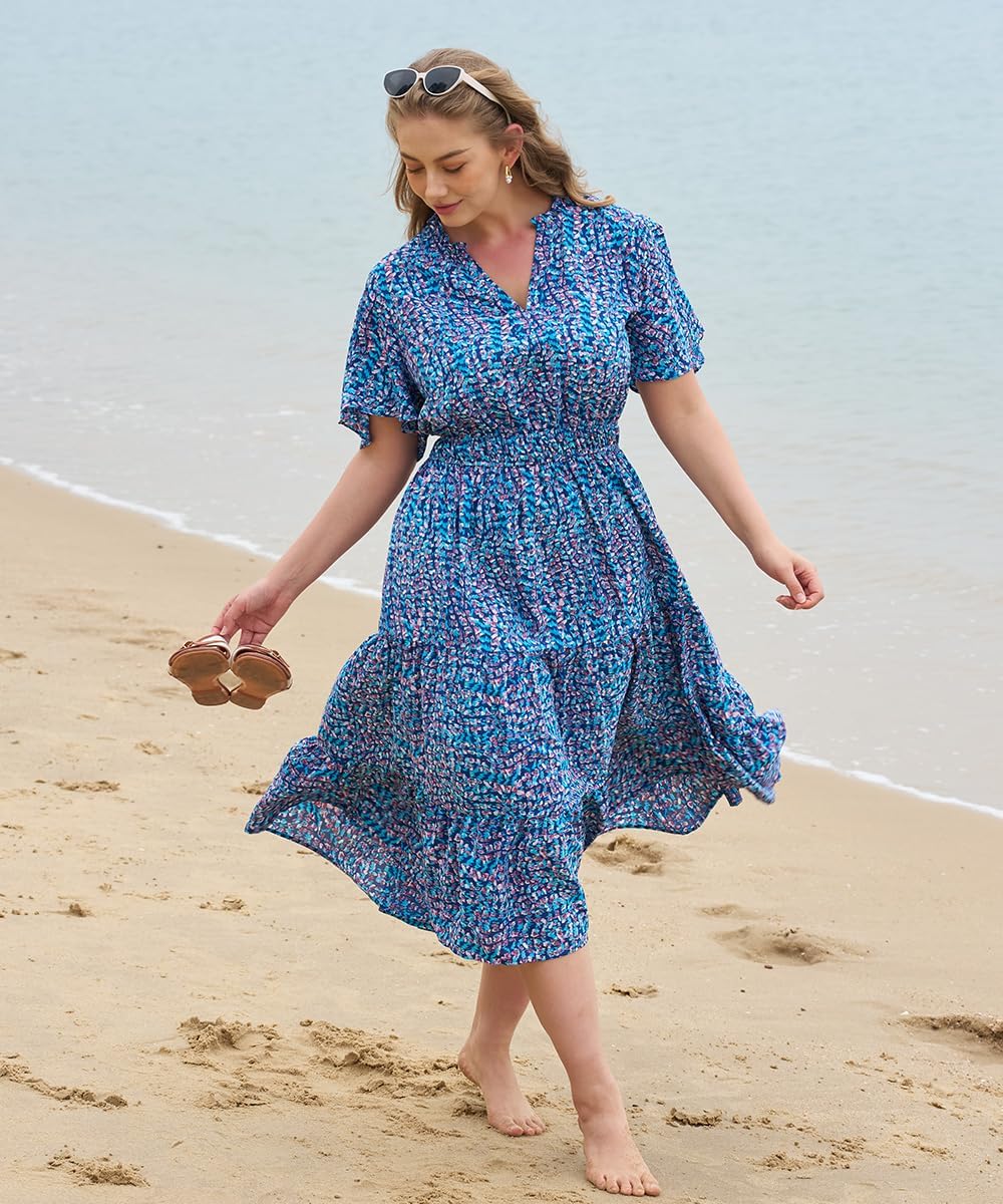 RITERA Plus Size Dresses for Women Smocked Ruffle V Neck Short Sleeve Summer Flowy Boho Wedding Dresses Pocket XL-5XL - Image 2