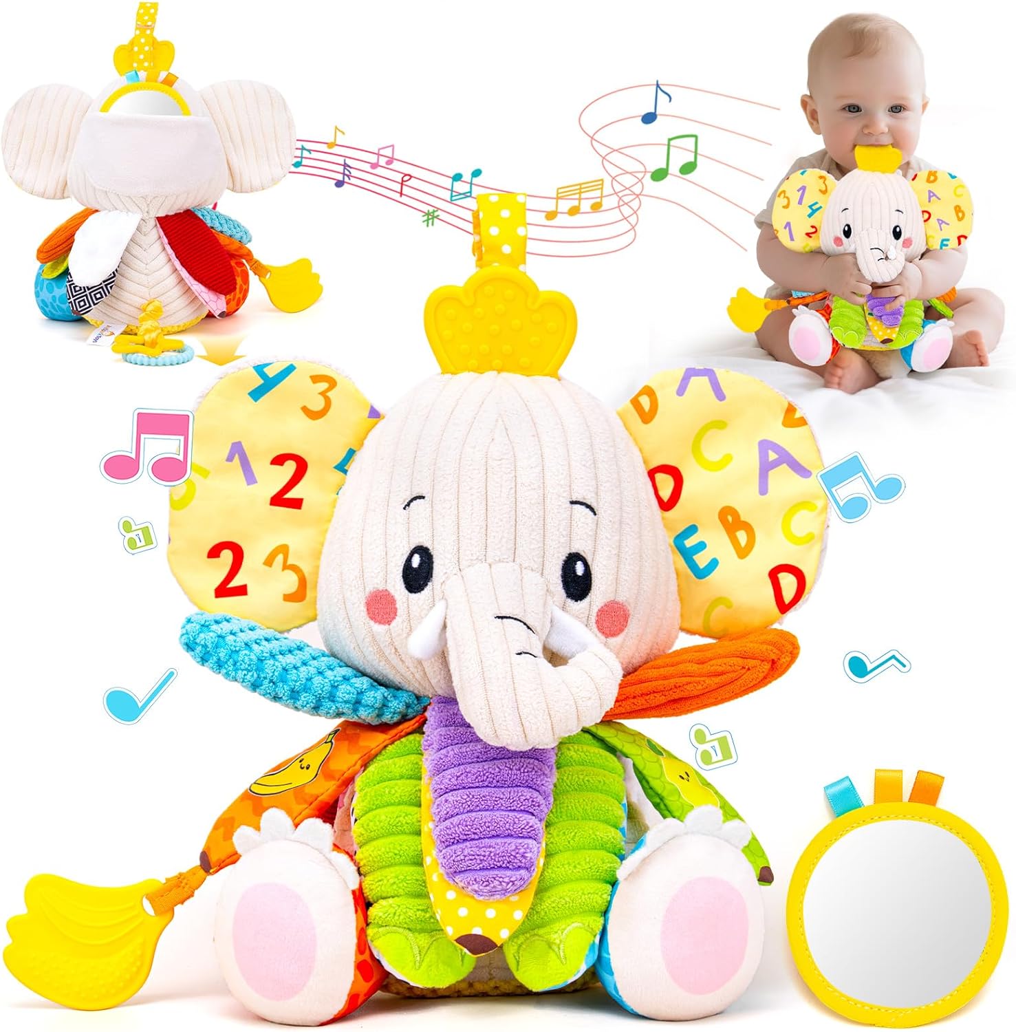 Baby Toys 3-6 Months, Musical Stuffed Elephant Toddler Toy for Newborn Infant 3 6 9 12 Months, Tummy Time Toys Montessori Sensory Toys 0-6 6-12 Months, Crinkle Paper, Mirror Soothing Music Shower Gift