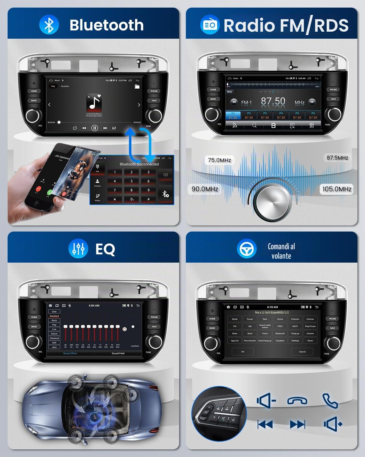 4 Core 64G Android Autoradio per FIAT Linea Punto Evo Linie 2012-2015 Wireless Carplay Android Auto 7 Pollici Autoradio con GPS Navi WiFi Mirror Link Bluetooth FM/RDS/EQ/USB/SWC Telecamera Posteriore