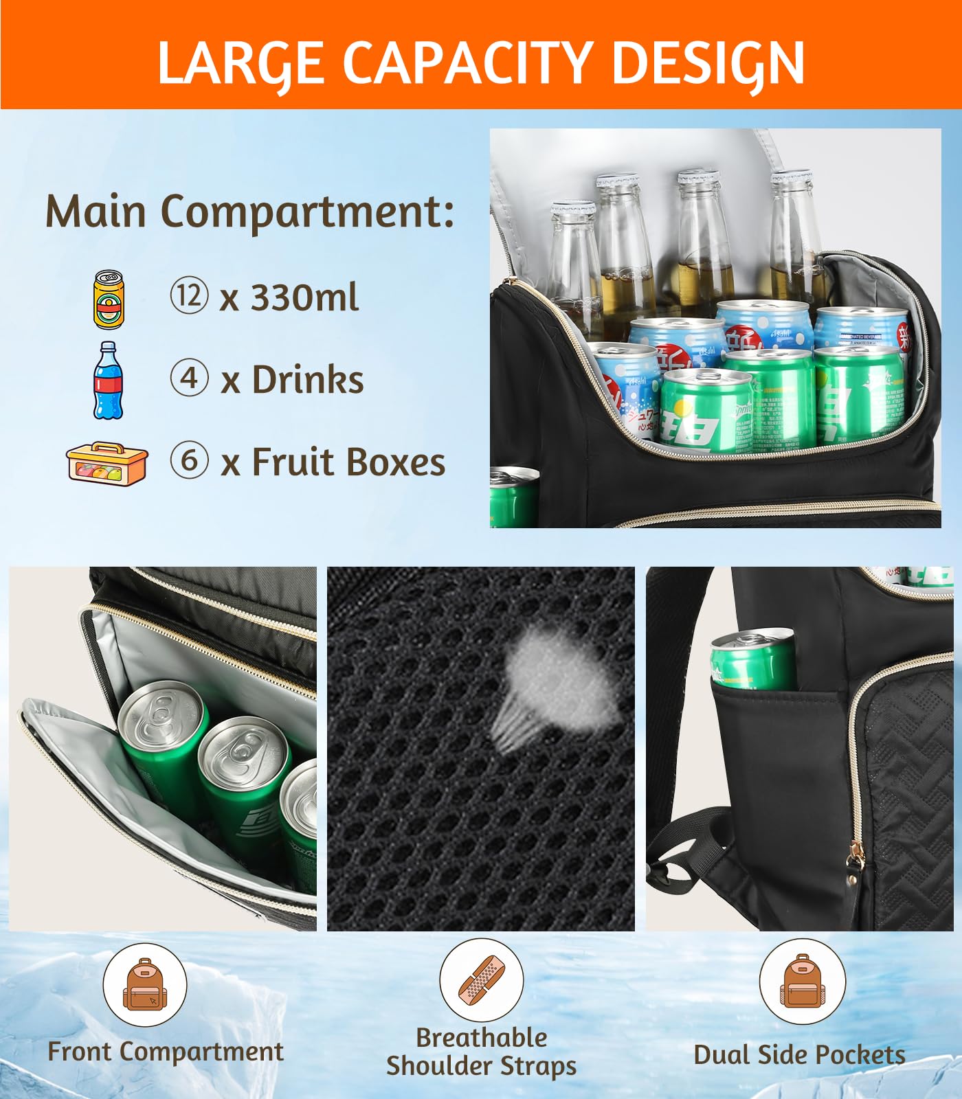Cozary Sac a Dos Isotherme 17L, Sac à Dos de Pique-Nique étanche, Portable Cooler Backpack Bag pour Camping, Pique-Nique, Barbecue, pour Hommes Femmes