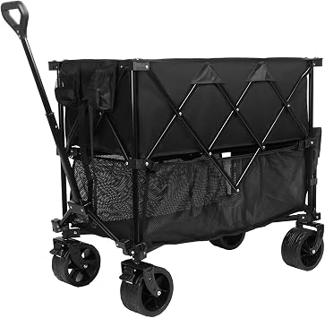 600D Camping Trolley, Collapsible Folding Wagon Cart with Brakes, 400L Foldable Double Decker Wagon, 250kg Heavy Duty Garden Cart, Garden Cart with All Wheels 1 Set