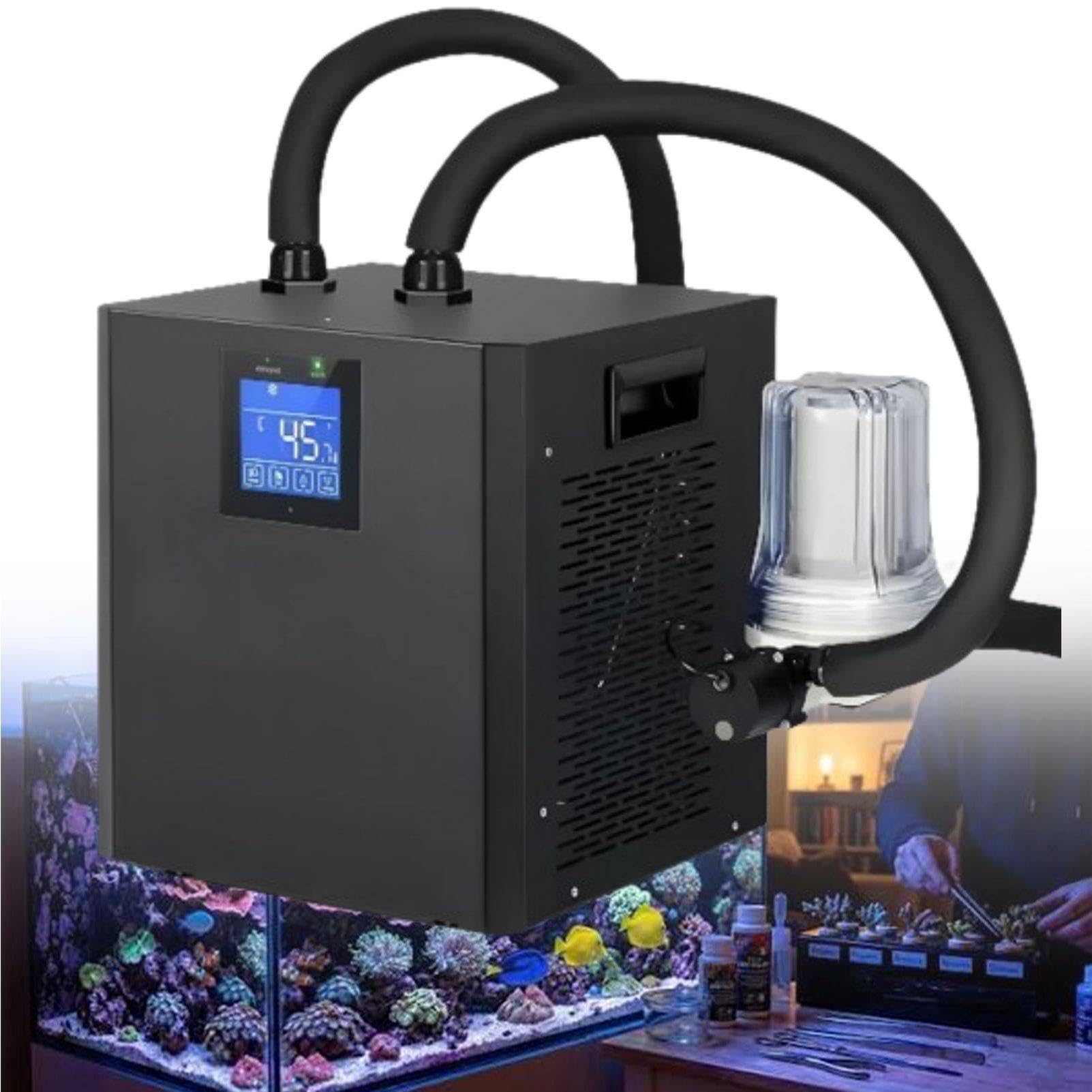 MhWrughts Marine Aquarium Water Chiller, Coral Reef Cooling System, 600W Aquarium Chiller with Built-in Dual Water Pumps and External Filter Cotton for Saltwater Fish
