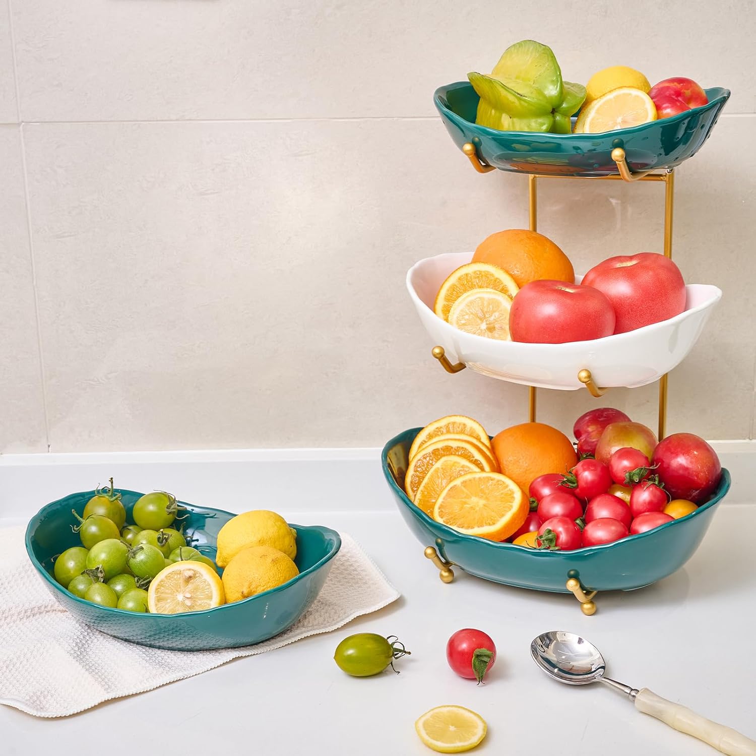 3 Tier Ceramic Fruit Bowl for Kitchen Counter,Tiered Fruit Basket for Countertop, Serving Tray for Food, Vegetable, Cake, Dessert in Party(Dark Green)