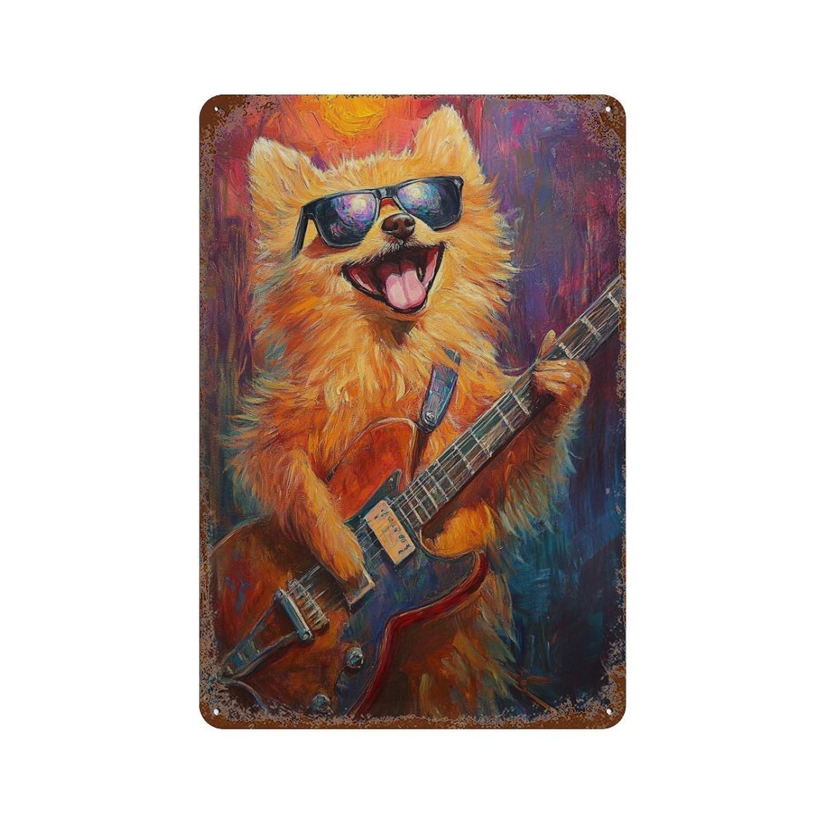 Rock Star Pomeranian Guitar Painting 11.8"x7.9" Decorative Tin Sign, Retro Wall Decor for Garage, Bar And Workshop Decor