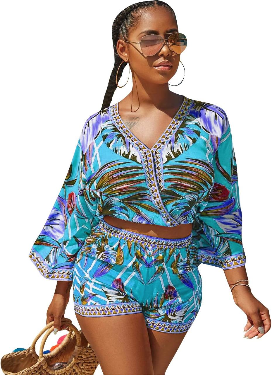 Sexy Two Piece Shorts Set - African Floral Jumpsuits Rompers Vacation Club Outfit