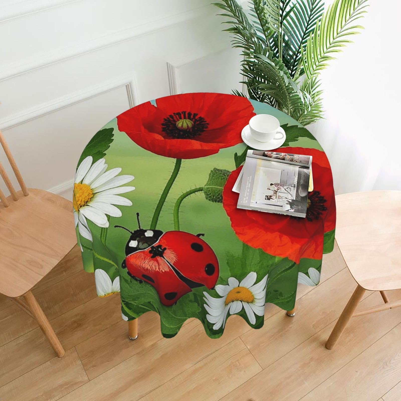 FodPand Chamomile Ladybug and Daisy Tablecloths for Round Tables 60 Inch - Reusable Washable Dining Table Clothes - Stain and Wrinkle Resistant Decorative Fabric Table Cover for Wedding Party