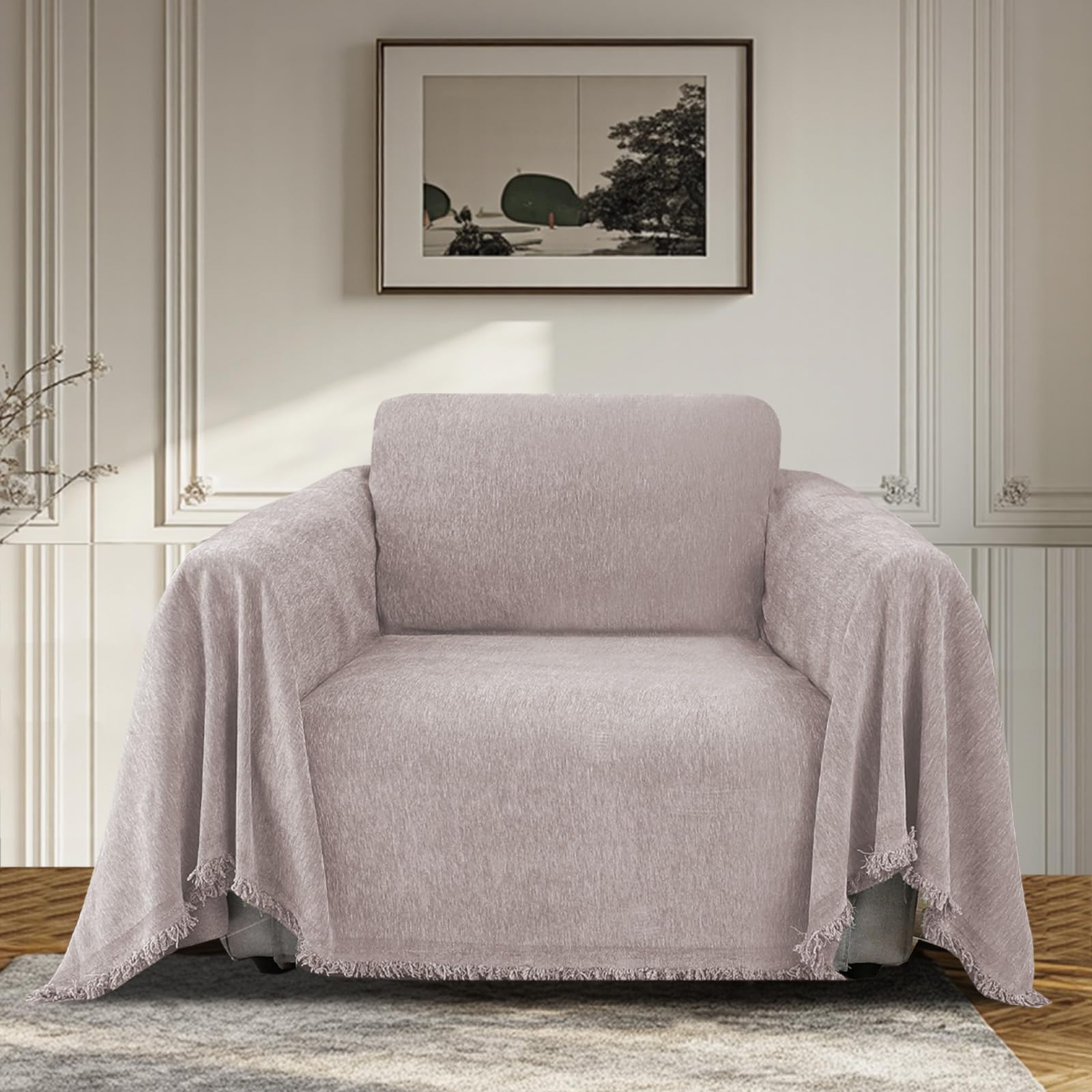 Bellahills Light Camel Sofa Cover 3 Seater Chenille Sofa Covers 2 Seater Armchair Covers L Shape Sofa Slipcover Non-Slip Couch Covers With Tassel Sofa Protector From Dogs, 180X230cm,