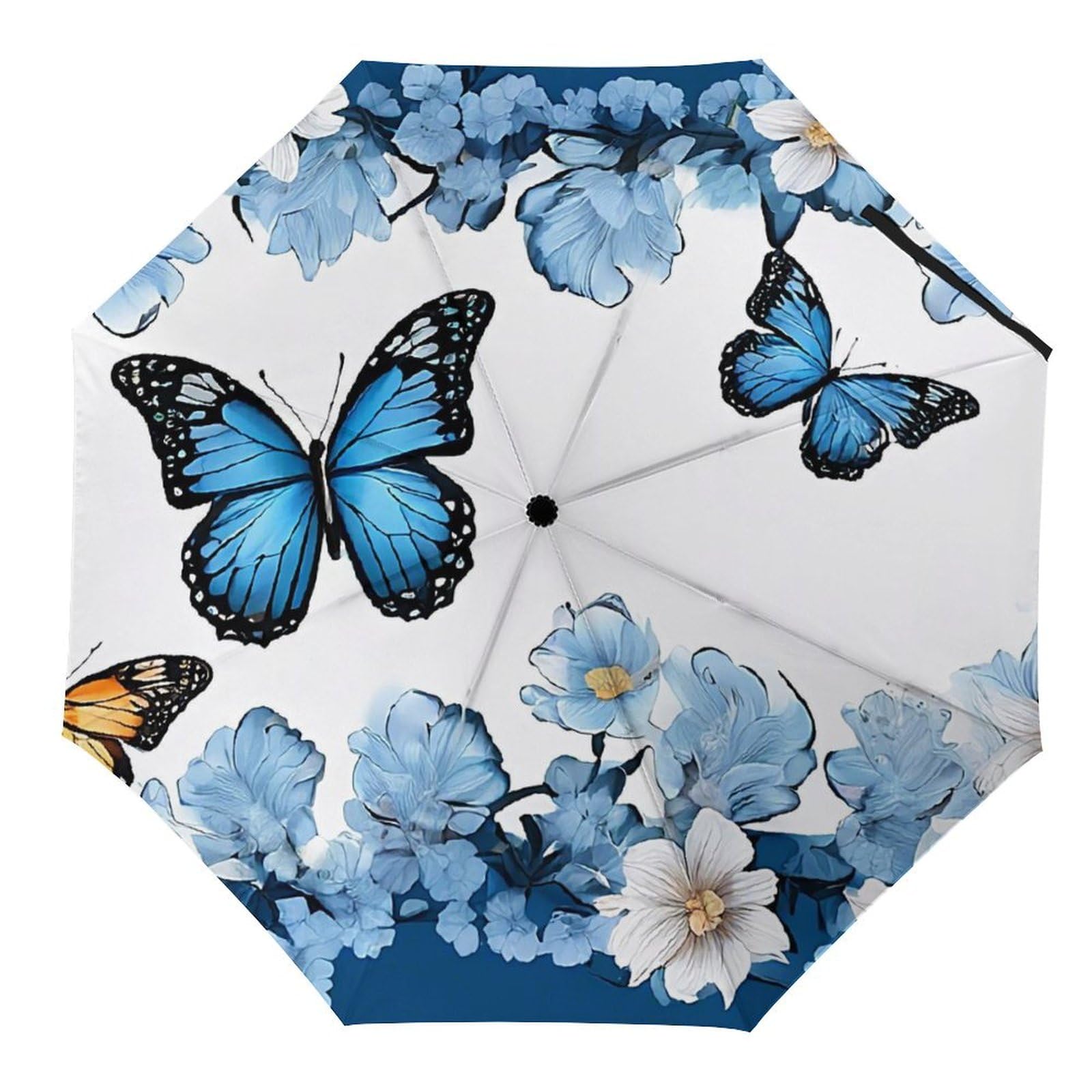 Blue Butterflies White Flowers Print 3 Fold Auto Umbrella Waterproof And Wind-Resistant, Ideal Gift for Travel And Outdoor Activities