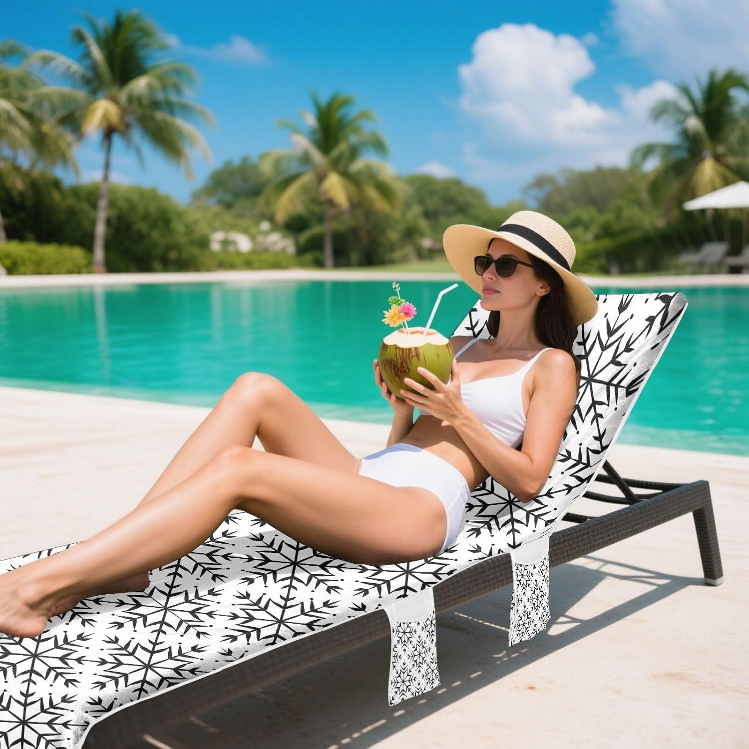 Snowflake Hexagon Pattern Black White Patio Chaise Lounge Chair Cover Microfiber Soft Outdoor Seating Covers Towels with Pockets for Outdoor Sunbathing Trips, 85" X 30"