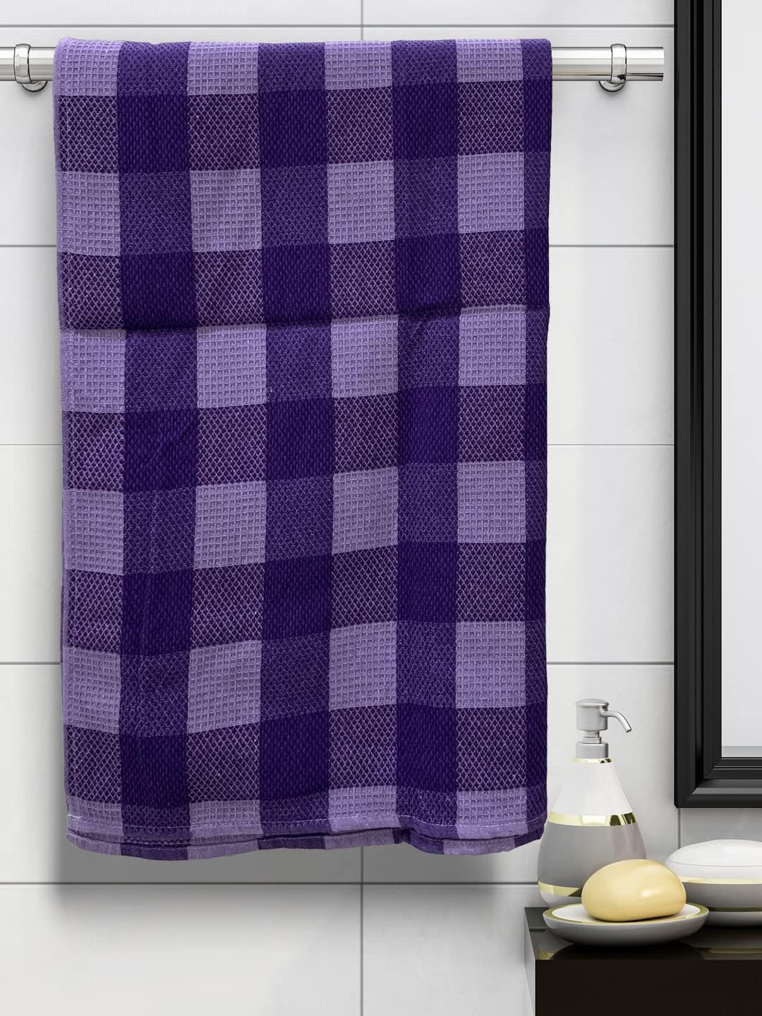 Athom Living Premium Cotton Light Weight Quick-Dry High Absorbent Cotton Bath Towel Purple Checks, 75x150 Cm (Pack of 1)