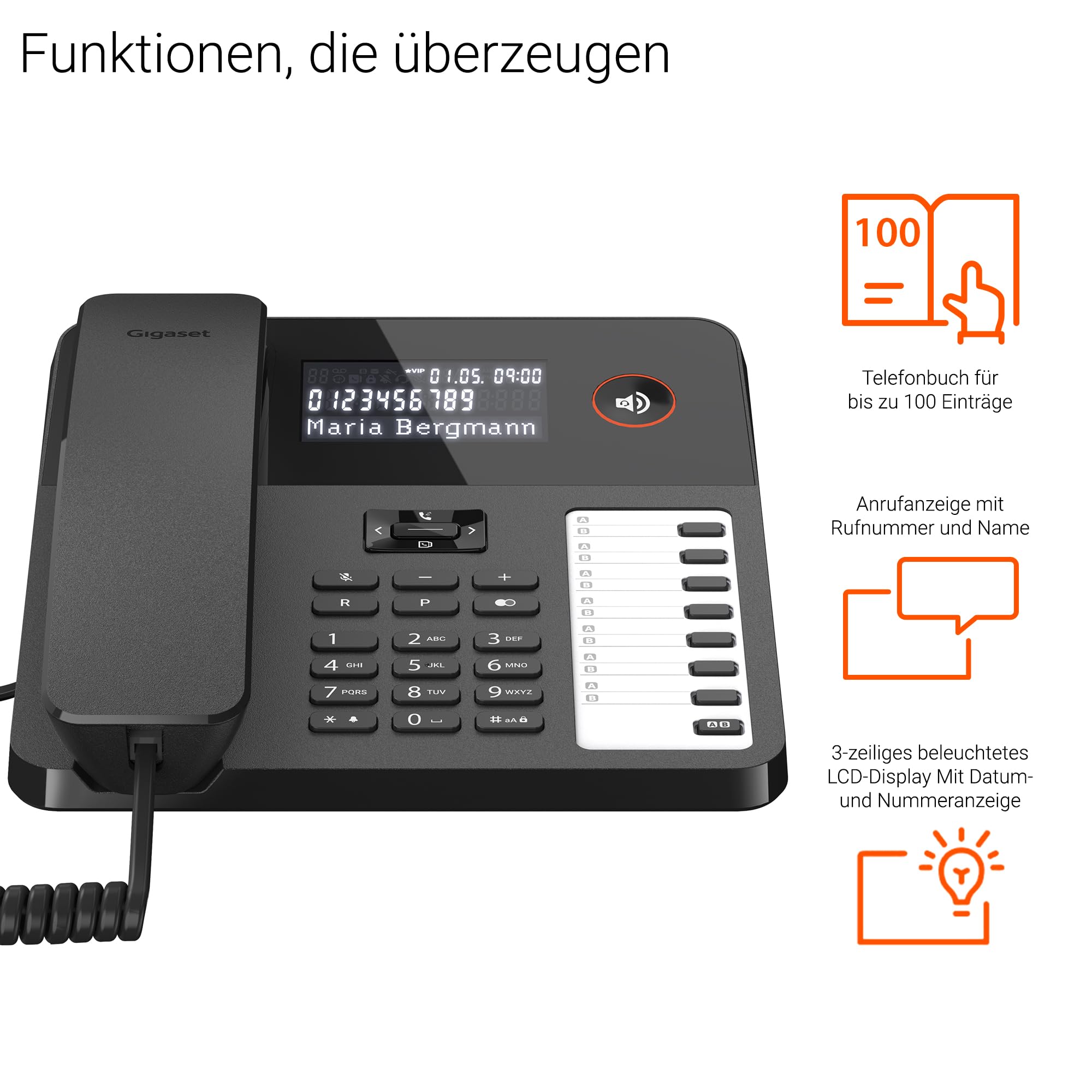 Gigaset Desk 600 - Schnurgebundenes Telefon mit 7 doppelbelegbare Direktwahltasten - Großes LCD-Display - 5 Wege Navigationstaste- Freisprechfunktion - MFV- oder Impulswahl, schwarz [Deutsche Version]