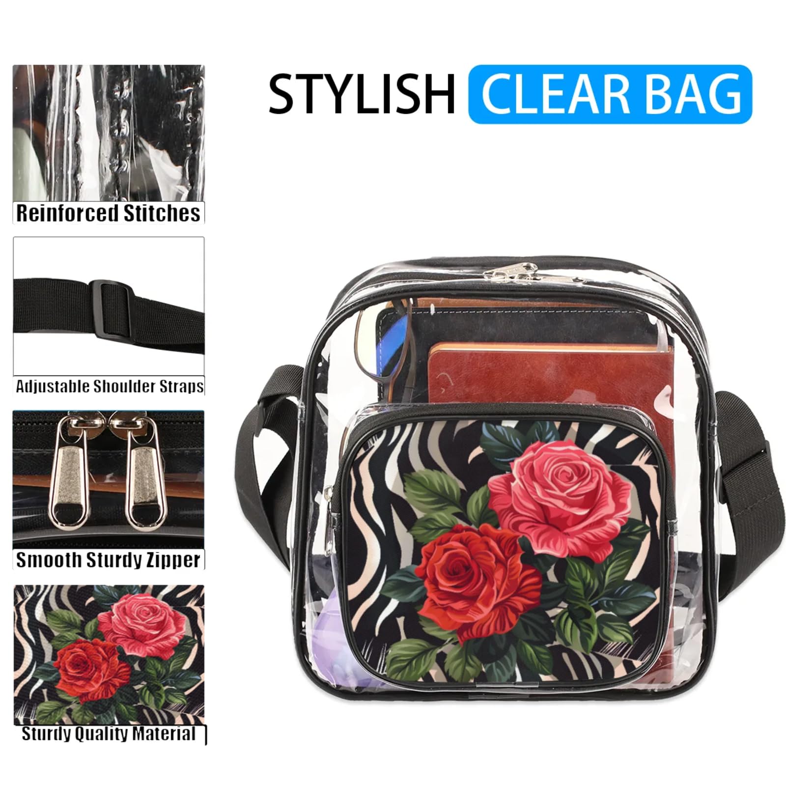 Clear Crossbody Bag Stadium Approved Rose Pink Red Transparent Bag for Festivals, Sports Events, Concerts,Beach Bag for Women Men Clear Purse with Front Pocket Messenger Bag with Adjustable Strap