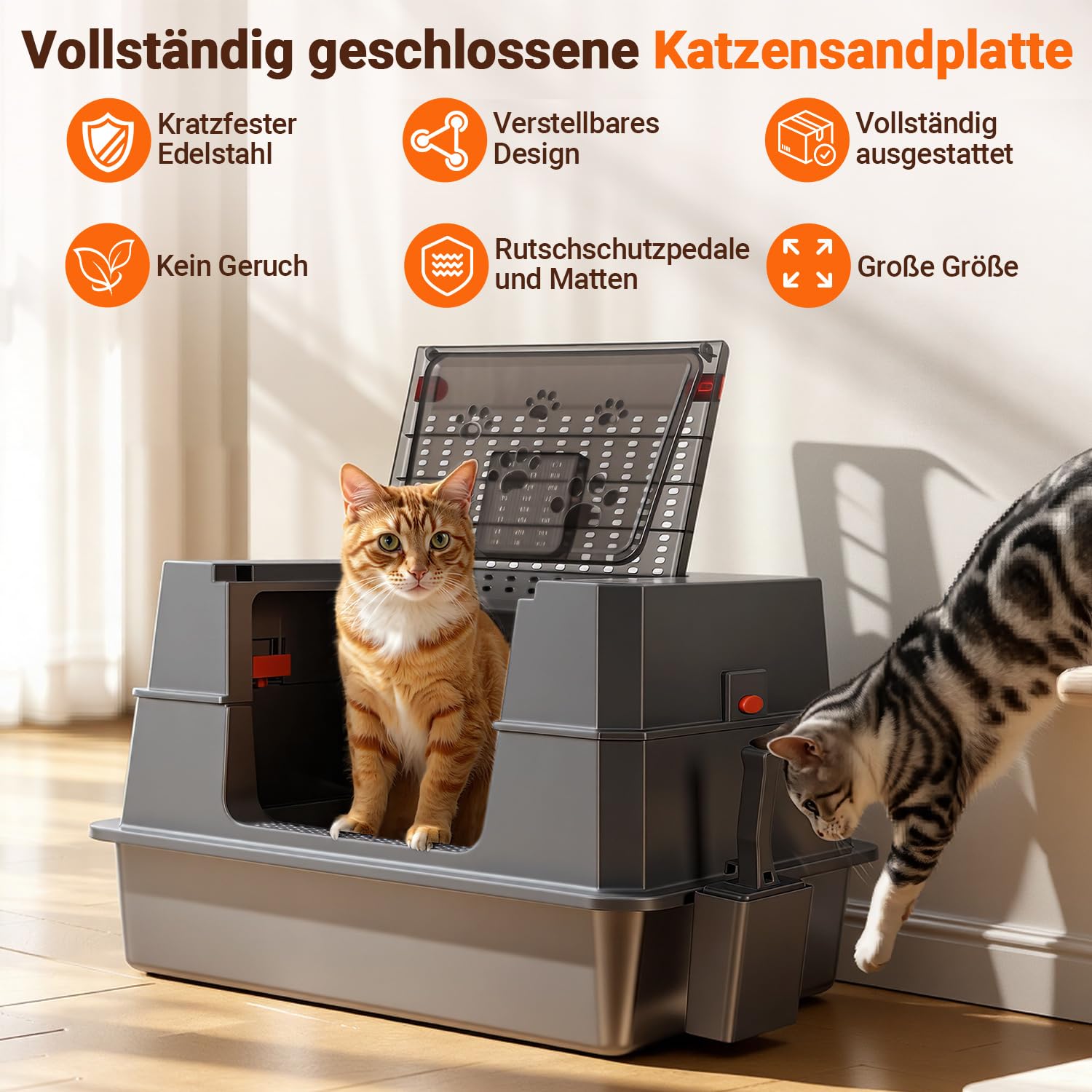 Edelstahl Katzenklo XXXL mit Deckel,70 x 50 x 43 cm,Grau
