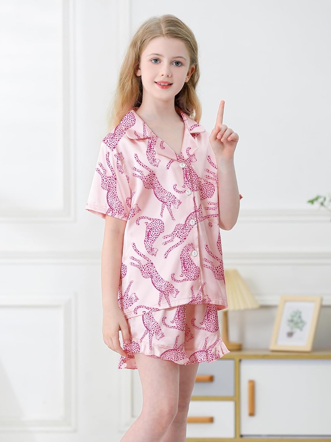 QZH.DUAO Girls Satin Pajamas Set Button Down Silk 2 Piece Pj Sets Ruffle Short Sleeve Sleepwear - Image 4