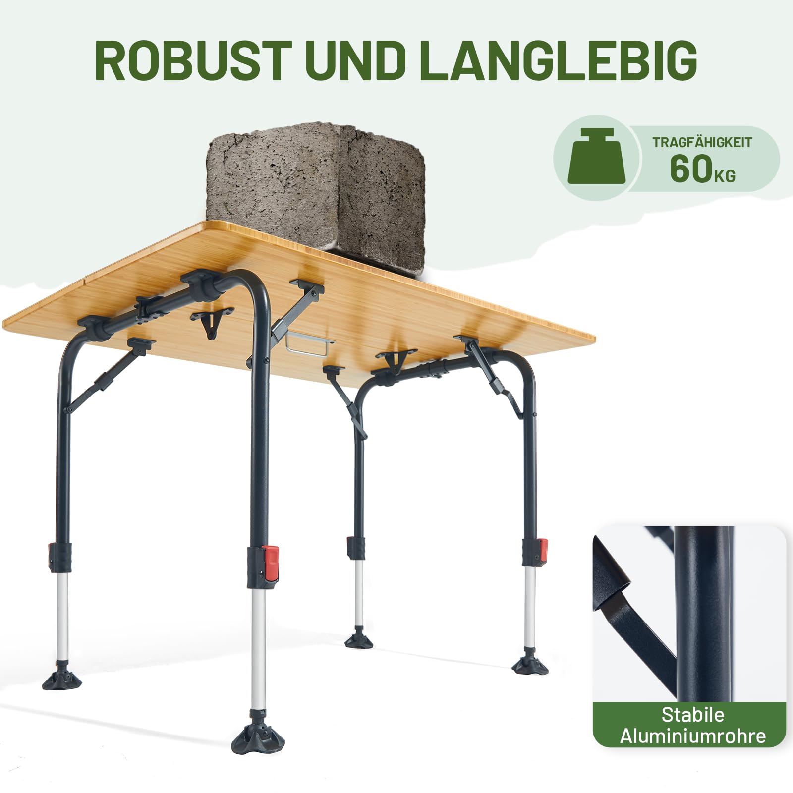 TIMBER RIDGE Campingtisch Klappbar Bambus Klapptisch Höhenverstellbar 53-70cm Aluminiumrahmen Gartentisch mit Tragetasche 100x70 cm für Garten Picknick Balkon Wohnmobil