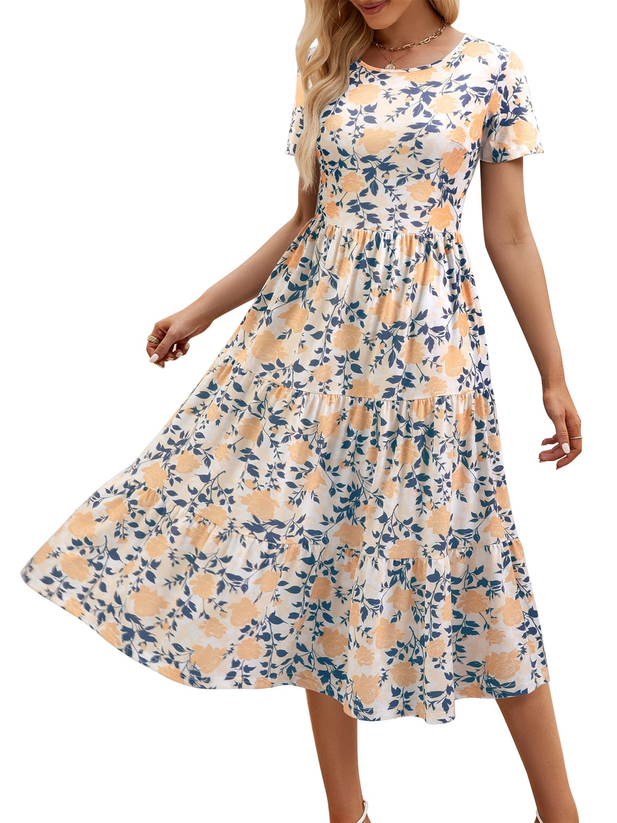 Sureple Spring Round Neck T Shirt Dress for Women Short Sleeve Midi Length,Swing Tiered Bobydoll Dresses with Pockets