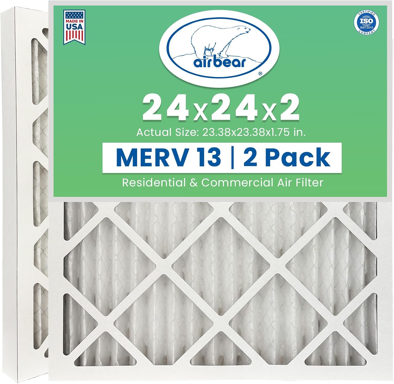 TRION Air Bear 24x24x2 Air Filter MERV 13 (2-Pack), Pleated HVAC Air Filter Replacement (Actual Size: 23.38 x 23.38 x 1.75 Inches)