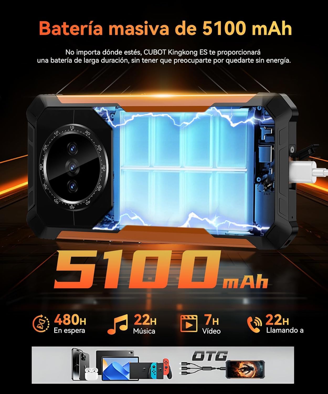 KingKong ES – 6,56-Zoll-HD+-Smartphone, 16 GB (6 GB + 10 GB) RAM i 128 GB ROM, 48-MP Dreifachkamera, 5100-mAh-Akku, Android 14, procesor OctaCore, Kolor Czarny + Pomarańczowy