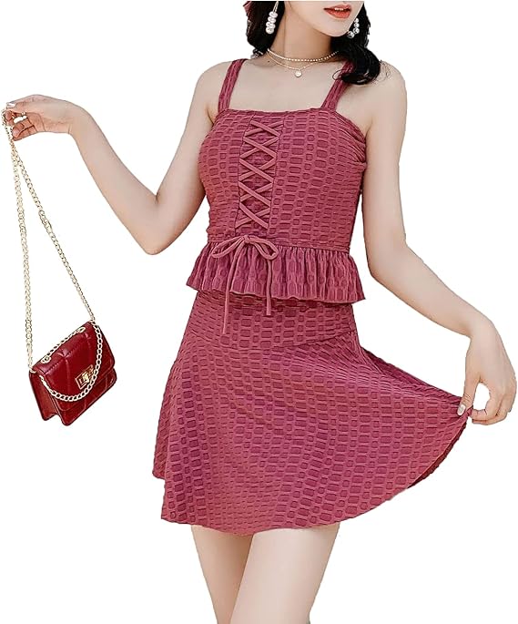 Amazon Co Jp Sibky 水着 レディース セットアップ ビスチェ ワンピース 風 2点セット ビキニ フレア 体型カバー フリル かわいい ピンク M ファッション