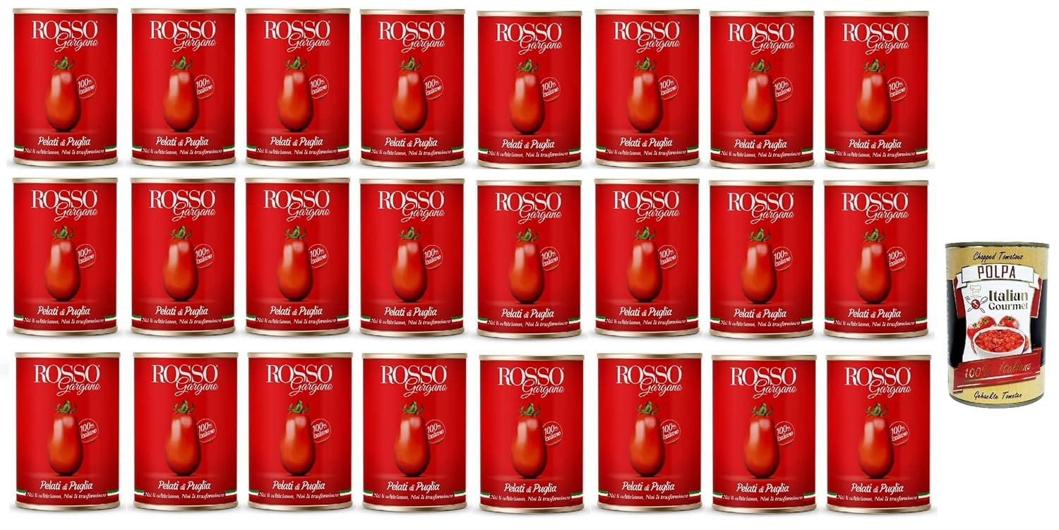 Italian Gourmet - Rosso Gargano - Tomates Pelées entières de Pouilles 24 x 400 g – tomates italiennes 100% en conserve, idéales sauce tomate, pizza, pâtes, ragù + Italian Gourmet polpa