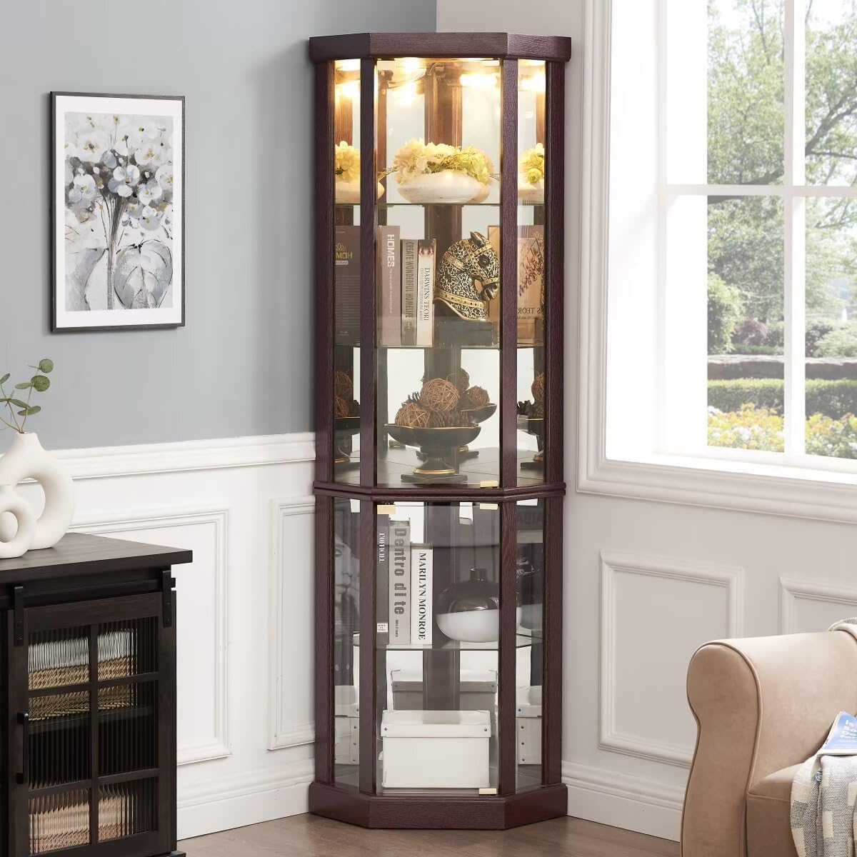 JIJIWANG 70" H Corner Glass Cabinet Lighted Curio Cabinet Corner Display Case for Living Room, Curio Cabinets, Antique Collection, Wine, Bar Glass Storage Light Included, (Dark Cherry)