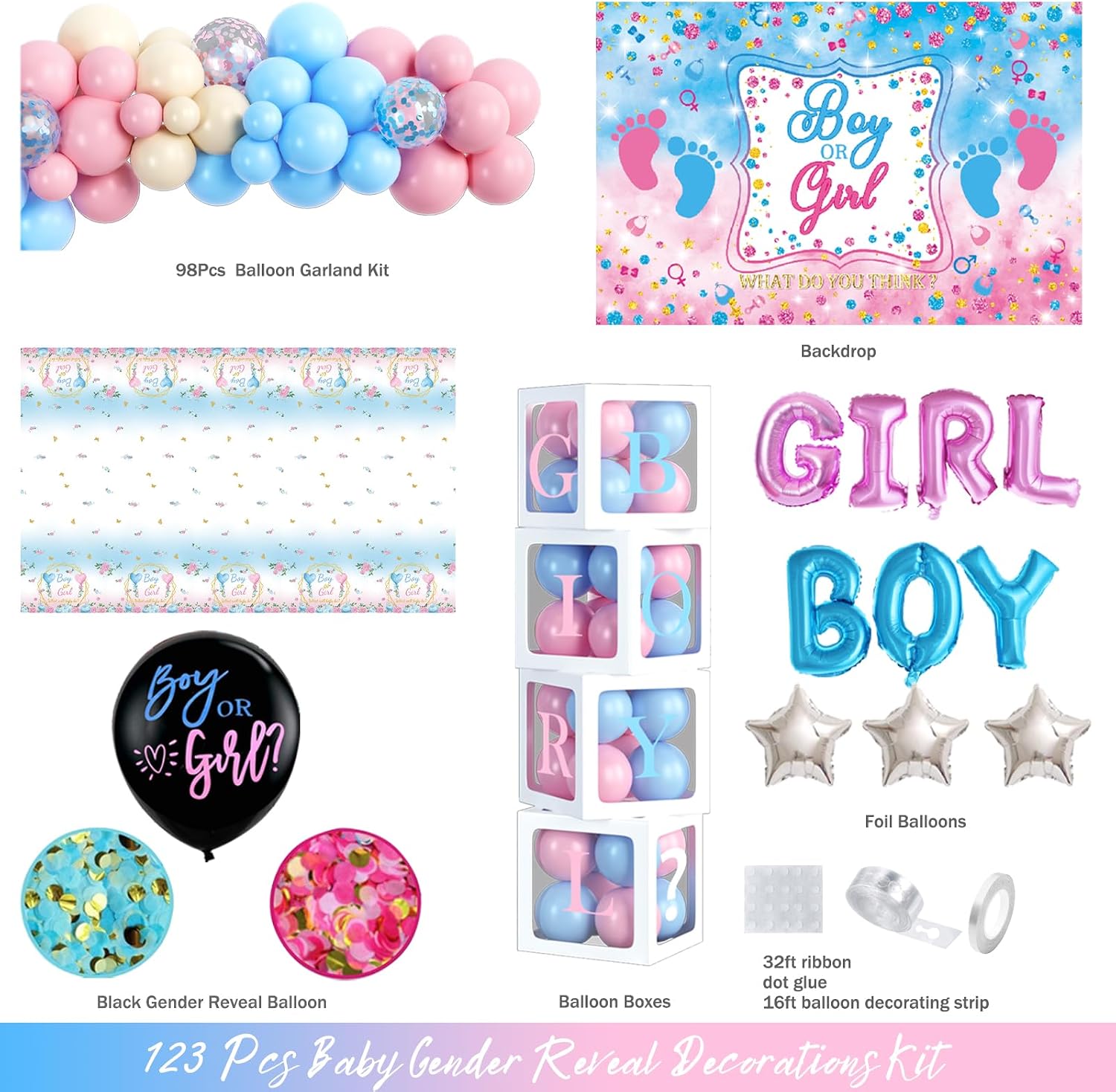 Baby Gender Reveal Decorations, Girl or Boy Gender Reveal Party Decorations, He or She Décor Backdrop Balloon Garland Banner Tablecloth Cake Cupcake Topper Box Sash Pink Blue
