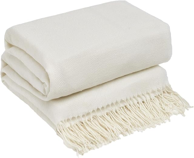Highams Herringbone Chevron Soft Knit Tassel Fringe Fleece Throw Over for Chair Large Sofa Bed Blanket, Cream Ivory - 150 x 200cm
