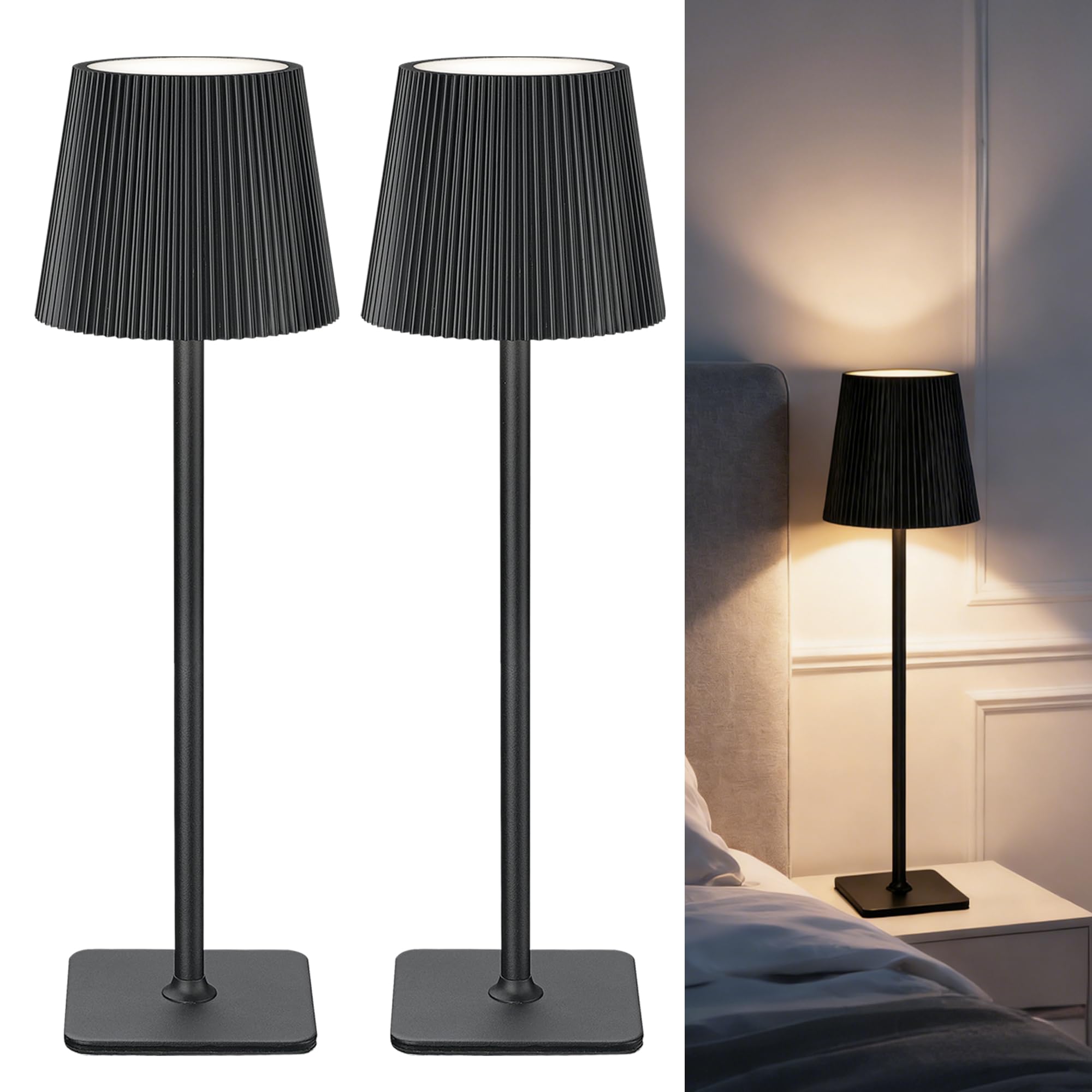 LuminexDesigns Pack of 2 Table Lamps, Wireless LED Outdoor Lamp, Table Lamp, Dimmable Bedside Lamp with 5200 mAh Battery, Long Running Time, IP54 Waterproof for Bedroom, Office, Decoration, Black