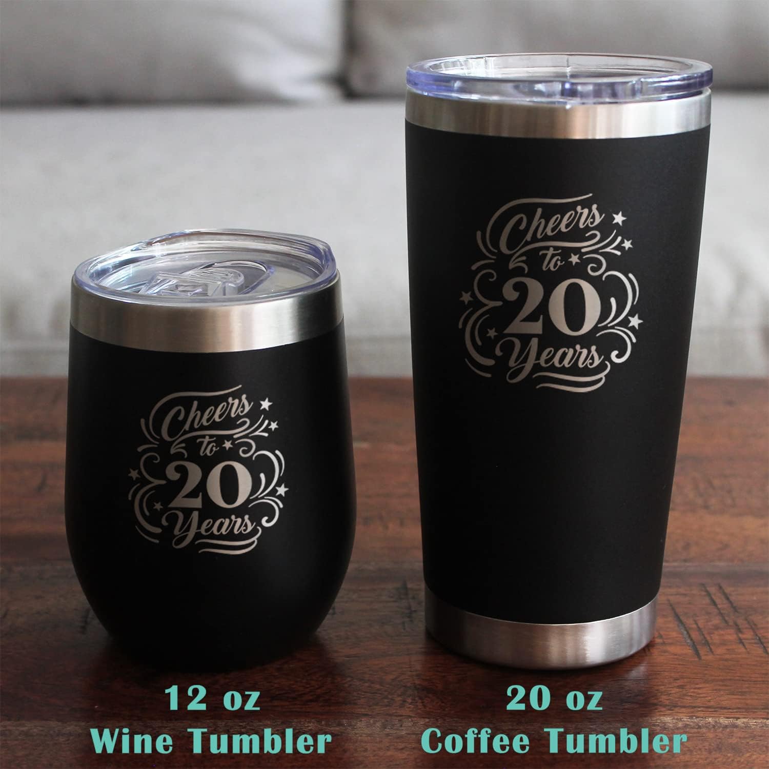 Bevvee Cheers to 20 Years - Wine Tumbler Glass with Sliding Lid - Stainless Steel Insulated Mug - Gift for 20th Anniversary - Purple