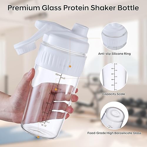 Miniatura 2 de Botella agitadora de vidrio de 24 onzas, polvo de proteína de vidrio de borosilicato, mezcla para mezclas de proteínas con bola de mezcla (B-Blanco,