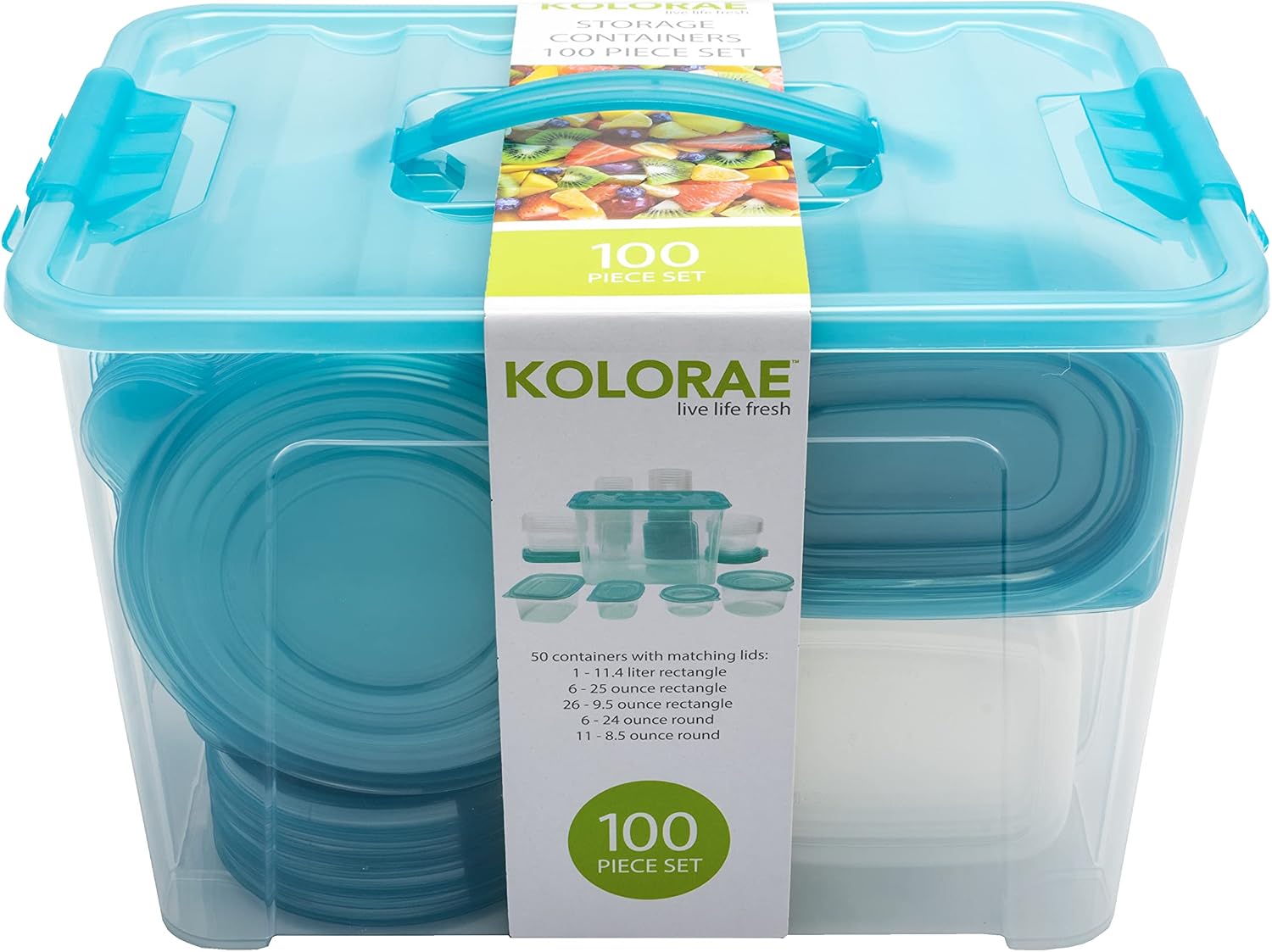 KOLORAE 100-Piece Food Storage Container Set – BPA-Free Plastic, Nesting Design for Kitchen Organization