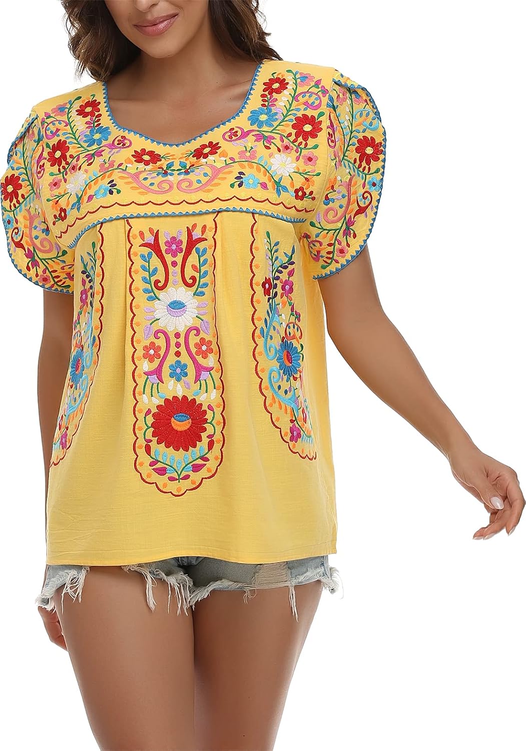 YZXDORWJ Women's Summer Boho Embroidery Mexican Bohemian Tops Shirt Tunic - Image 4