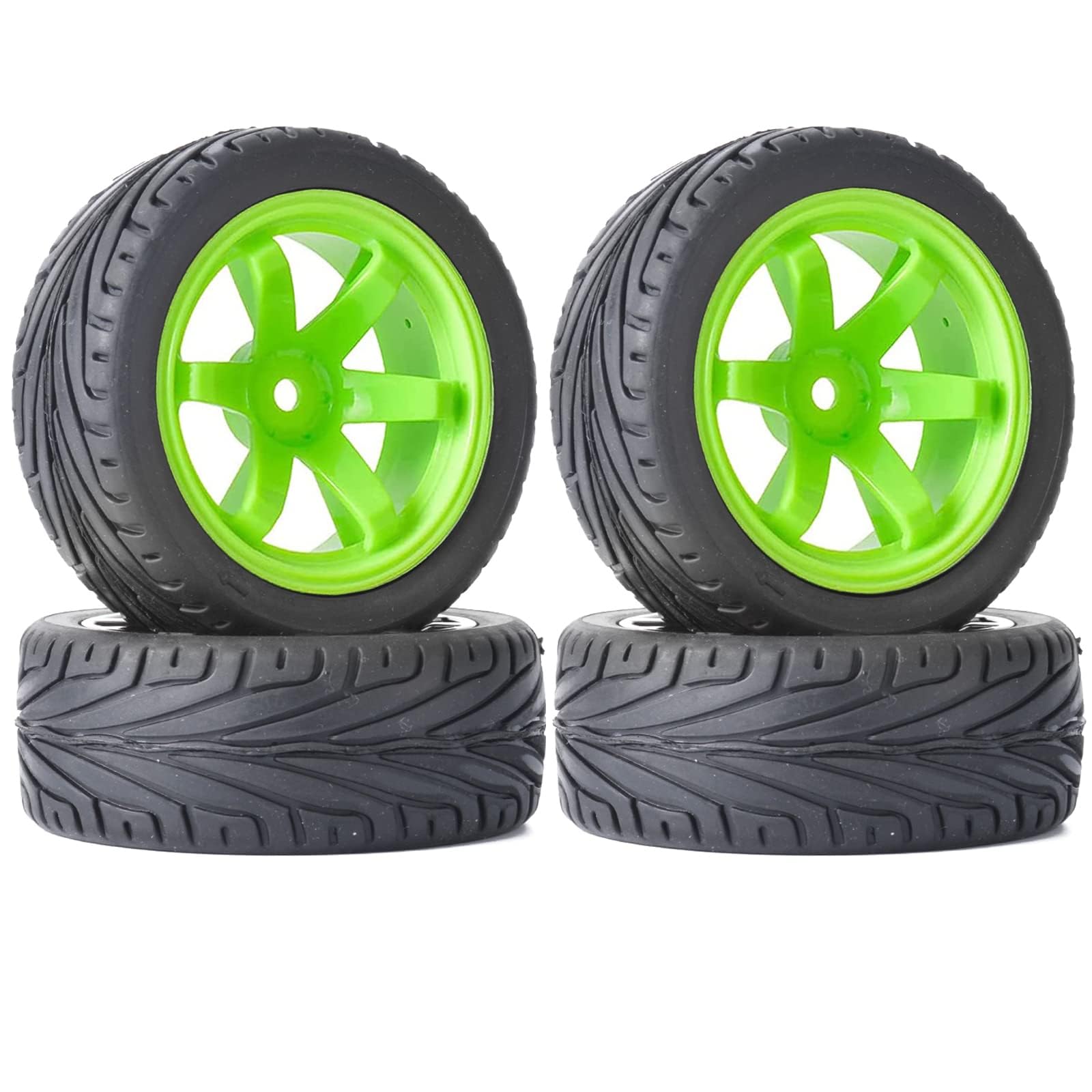 KINGCOO 4PCS 1:10 RC Car Tyre 65mm Rubber Tires and Plastic Wheel Rims for 1/10 On-Road Racing Touring Drift Car Spare Parts for HSP Tamiya HPI Kyosho (Green)