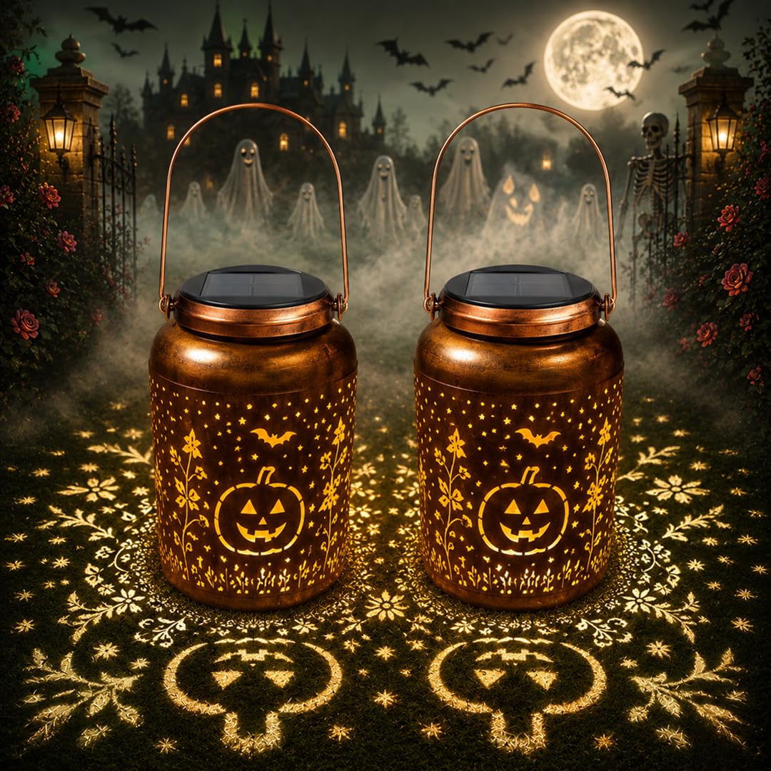 Hanging Solar Halloween Lanterns Outdoor 2 Pack, Waterproof Pumpkin Lights